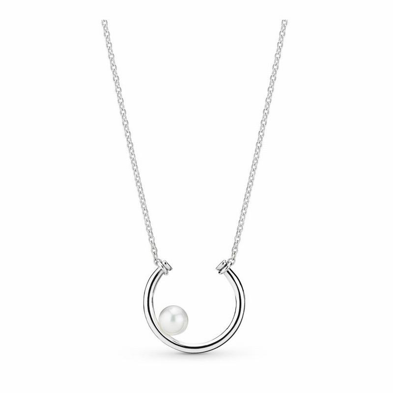 Pandora Contemporary Pearl Necklace Ireland - Sterling Silver/White/Freshwater Cultured Pearl - 2148